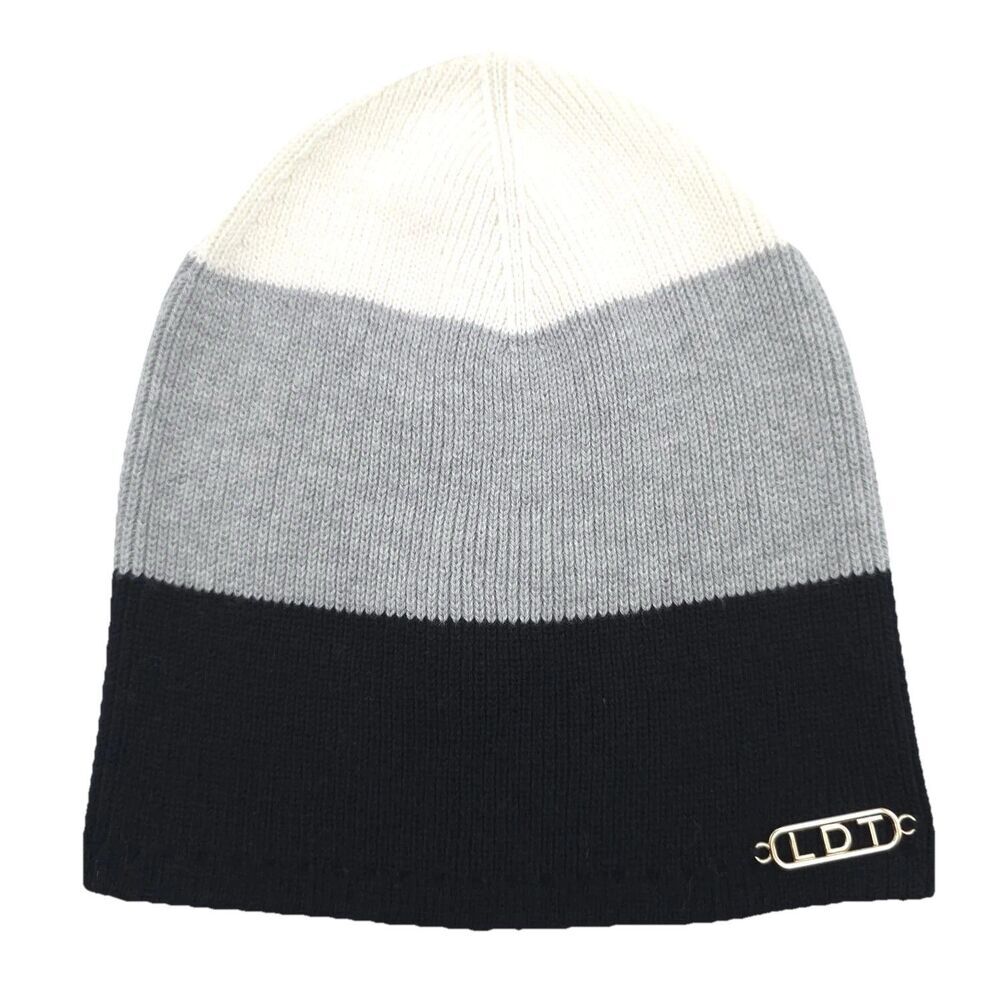 LDT Beanie‎ CASHMERE COTTON Blend Colorblock NWOT Black Gray White